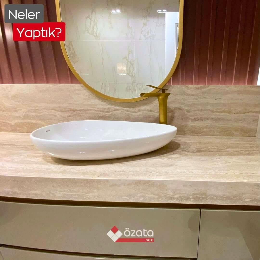 Özata Grup İmzasıyla Fiandre-Travertini Arabescato Banyo Tezgahı Tasarımı